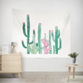Nordic wall tapestry featuring minimalist cactus illustration with green and pink patterns - 95X73 (Peach Skin) / Fresh Hand-drawn Cactus Style (GT17-11)