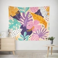 Abstract tropical plant wall tapestry featuring pink hibiscus and vibrant orange leaves - Gt12-23 / 95X73 Brushed Fabric