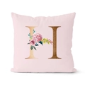 Elegant pink pillowcase featuring a gold textured letter H with floral watercolor rose detail - 18x18 Inch / Letter H (DRD152-H)