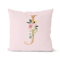 Pink decorative pillow case with gold letter J and floral watercolor design - 18x18 Inch / Letter J (DRD152-J)