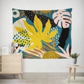 Bohemian tapestry with yellow palm leaves and pink monstera foliage in a modern living room - Gt12-27 / 95X73 Brushed Fabric