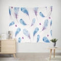 Nordic wall tapestry featuring watercolor blue and purple feathers on a white background - 95X73 (Peach Skin) / 水彩羽毛款式(GT17-18)