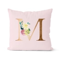 Pink velvet pillowcase with golden letter M and watercolor floral decor for sofa - 18x18 Inch / Letter M (DRD152-M)