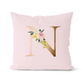 Pink and rose gold letter N cushion cover with watercolor floral pattern for sofa decor - 18x18 Inch / Letter N (DRD152-N)