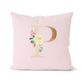 Pink square pillow cover featuring a gold letter P and watercolor floral design - 18x18 Inch / Letter P (DRD152-P)