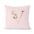 Pink square throw pillow cover with golden letter V and watercolor floral accents - 18x18 Inch / Letter V (DRD152-V)