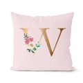 Elegant pink cushion cover with golden letter W and rose floral print for sofa decor - 18x18 Inch / Letter W (DRD152-W)