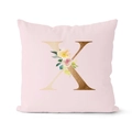 Light pink square throw pillow featuring a golden letter X with floral watercolor patterns - 18x18 Inch / Letter X (DRD152-X)