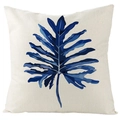 Fodera per cuscino in lino blu con motivo a foglie tropicali per decorazione divano - 45x45cm