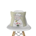 Square pillowcase featuring a cartoon sheep with red flowers on a mint grey background - Sheep Holding Flower (DRD143-17)