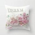 Quadratischer Kissenbezug mit rosa Nelken und Dream Schriftzug im Retro Design - Nelke DREAM Buchstaben Druck (DRD144-3) / Standardgröße Ohne Kern