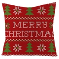 Festive red and green linen Christmas pillow cover with knitted Merry Christmas tree pattern - Merry Christmas Lettering And Knit Tree (YMD20-5)
