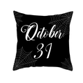 Detail of black Halloween pillowcase featuring October 31 text and spider web corners - 45x45cm / October 31 Spider Web (DRD187-6)