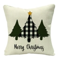 Detailed view of linen Christmas pillowcase with plaid tree and Merry Christmas text - 45x45cm / Beige Plaid Three Trees (YMD53-13)