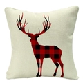 Close-up of linen texture and buffalo plaid reindeer silhouette on Christmas pillowcase - 45x45cm / Beige Red Black Plaid Stag (YMD53-4)