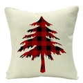 Detailed texture of Christmas pillowcase with red black buffalo plaid tree on linen - 45x45cm / Beige Red Black Plaid Tree (YMD53-3)