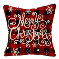 Detail of red and black buffalo plaid linen pillowcase with Merry Christmas text - 45x45cm / Red Black Plaid Snow Merry (YMD53-20)