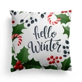 Funda de cojín navideña cuadrada con diseño de acebo y texto Hello Winter en fondo blanco - Patrón Hello Winter Hojas de Acebo (DRD302-3) / Cuadrado