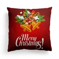 Red Christmas pillow case featuring gold bells, pine branches, and Merry Christmas text - Red Gold Bells Gifts (DRD303-15) / 18x18 Inch