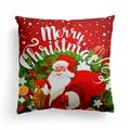 Detail of red Merry Christmas pillow cover with Santa Claus and snowflake patterns - Red Lantern Santa (DRD303-6) / 18x18 Inch