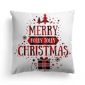 Detail of square Merry Christmas pillow cover with red plaid text on cotton linen fabric - Holly Jolly Christmas Text Style (DRD214-8)