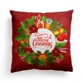 Detail of red Christmas pillowcase featuring a Merry Christmas wreath and festive icons - Red Christmas Wreath (DRD303-5) / 18x18 Inch