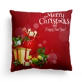 Close-up of red Christmas pillow case featuring Santa sack and holiday gift box patterns - Red Santa Gift Sack (DRD303-12) / 18x18 Inch