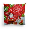 Detailed view of red Christmas pillowcase with Santa Claus and snowman festive patterns - Red Snowman Gifts (DRD303-11) / 18x18 Inch