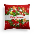 Detailed close-up of a red Christmas pillow cover with festive pine and gingerbread print - Red Gingerbread Man (DRD303-8) / 18x18 Inch