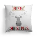 Federa natalizia bianca con motivo di renna e decorazione scritta Merry Christmas - 45x45cm / Renna Cartone Animato Buon Natale Stampa (DRD310-22)