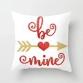 Close-up of Valentine pillow cover with red heart and golden arrow be mine text - White Background Gold Arrow Red Heart Be Mine Style (DRD307-8)