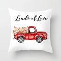 Detail of white throw pillow case featuring watercolor red pickup truck and Loads of Love text - White Background Red Pickup Loads of Love Style (DRD307-7)