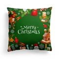 Dark green festive Merry Christmas throw pillow cover with reindeer and holiday icons - Dark Green Reindeer Town (DRD303-13) / 18x18 Inch