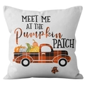 Checkered pumpkin truck pillow cover with Meet Me At The Pumpkin Patch typography - Linen / Pumpkin Patch Plaid Truck (DRD172-12)
