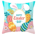 Détail de la housse d'oreiller de Pâques avec rayures bleues et lettrage Happy Easter - 45x45 cm / Style Rayures Œuf Oreilles De Lapin Bleu Clair (DRD372-15)