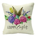 Linnen Pasen kussensloop met Happy Easter aquarel konijnenoren en een kleurrijke krans - 45x45 cm / Konijnenoren met Bloemeneieren (YMD57-3)
