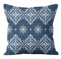 Ethnic blue linen pillowcase with white geometric floral pattern and dotted design - Navy White Retro Floral (YMD21-14)