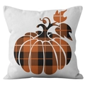 Square Thanksgiving pillow cover with orange and black plaid pumpkin on linen fabric - Linen / Plaid Pumpkin Silhouette (DRD172-1)