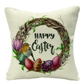 Close-up of Easter linen pillowcase with floral wreath, eggs, and Happy Easter text - 18x18 Inch / Wreath and Robin (YMD57-5)