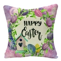 Close-up of Happy Easter linen pillowcase with watercolor flowers and birdhouse detail - 18x18 Inch / Heart Birdhouse and Egg Wreath (YMD57-6)