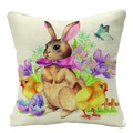 Detailed macro view of Easter linen pillowcase showing watercolor rabbit and chick patterns - 18x18 Inch / Bunny with Purple Bow and Chicks (YMD57-7)