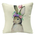 Detail of linen Easter pillowcase featuring a watercolor bunny and floral wreath print - 18x18 Inch / Gentle Bunny with Wreath (YMD57-11)