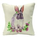 Macro texture of linen Easter pillow cover with watercolor bunny and floral pattern - 18x18 Inch / Lavender Bunny and Flowers (YMD57-14)