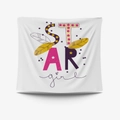 White tapestry with artistic STAR girl lettering featuring stars and feathers design - Gt31-3 / 95X73 Brushed Fabric