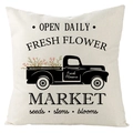 Vintage cotton linen pillow cover with retro flower truck design and market text - Fresh Flower Market Truck Style (YMD64-3) / 45x45