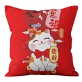 Quadratischer roter Kissenbezug mit Winkekatze und traditionellen chinesischen Motiven - Zehntausend Segen Koi Stil / Nur Kissenbezug
