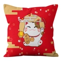 Square red New Year pillowcase with cartoon lucky cat and traditional gold coins - Ten Million Taels Style