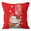Red square pillowcase featuring a cute Maneki-neko cartoon cat and cherry blossoms - Ten Thousand Blessings Coin Style