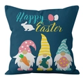 Detail van de Happy Easter kussenhoes met kleurrijke patronen van kabouters, hazen en eieren - Paaskabouter Stijl (DRD233-1)