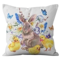 Easter square cushion cover with watercolor bunny, chicks, and spring flowers illustration - 18x18 Inch / Bunny and Chicks Style (DRD232-2)